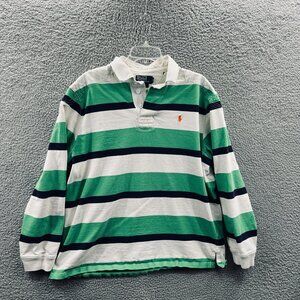 VTG Polo Ralph Lauren Mens Rugby Shirt XL Green White Striped Preppy Heavyweight